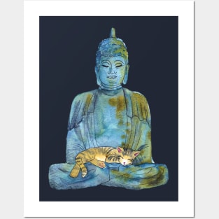 Watercolor Buddha Statue with Sleeping Tabby Cat Posters and Art